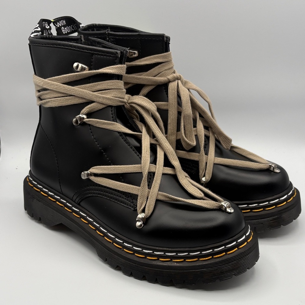 Dr. Martens Black Leather Platform Lace-Up Boots with Tan Laces